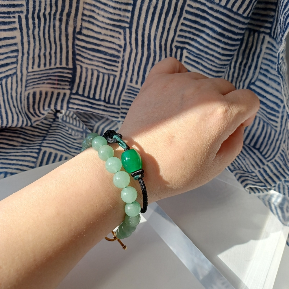 Green aventurine stone with 14 K gold sterling silver bracelet